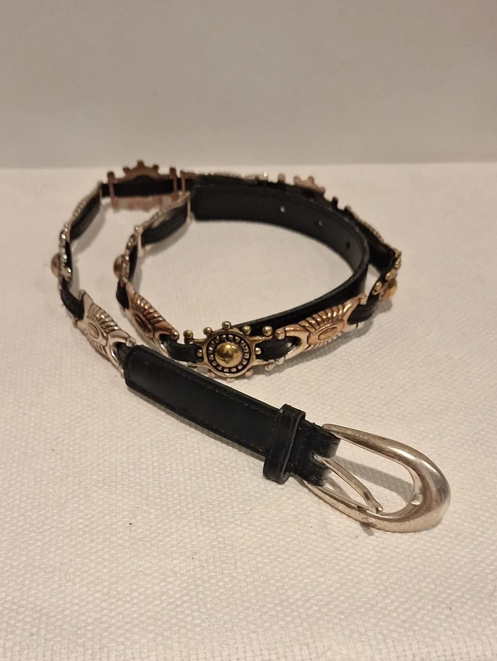 Black Leather Women’s Decorative Split Leather Belt with Gold-Tone Accents